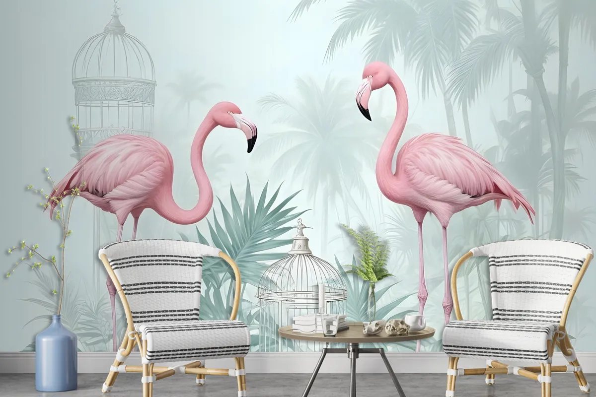 Fototapete VintageFlamingo In Rosa Mit Tropischen Blättern