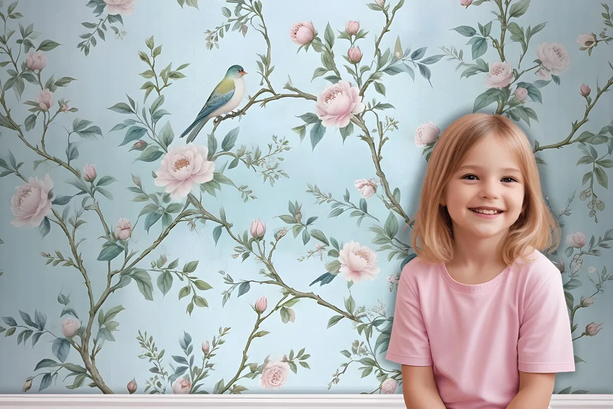 Fototapete Pfingstrosenblüte In AquarellChinoiserie