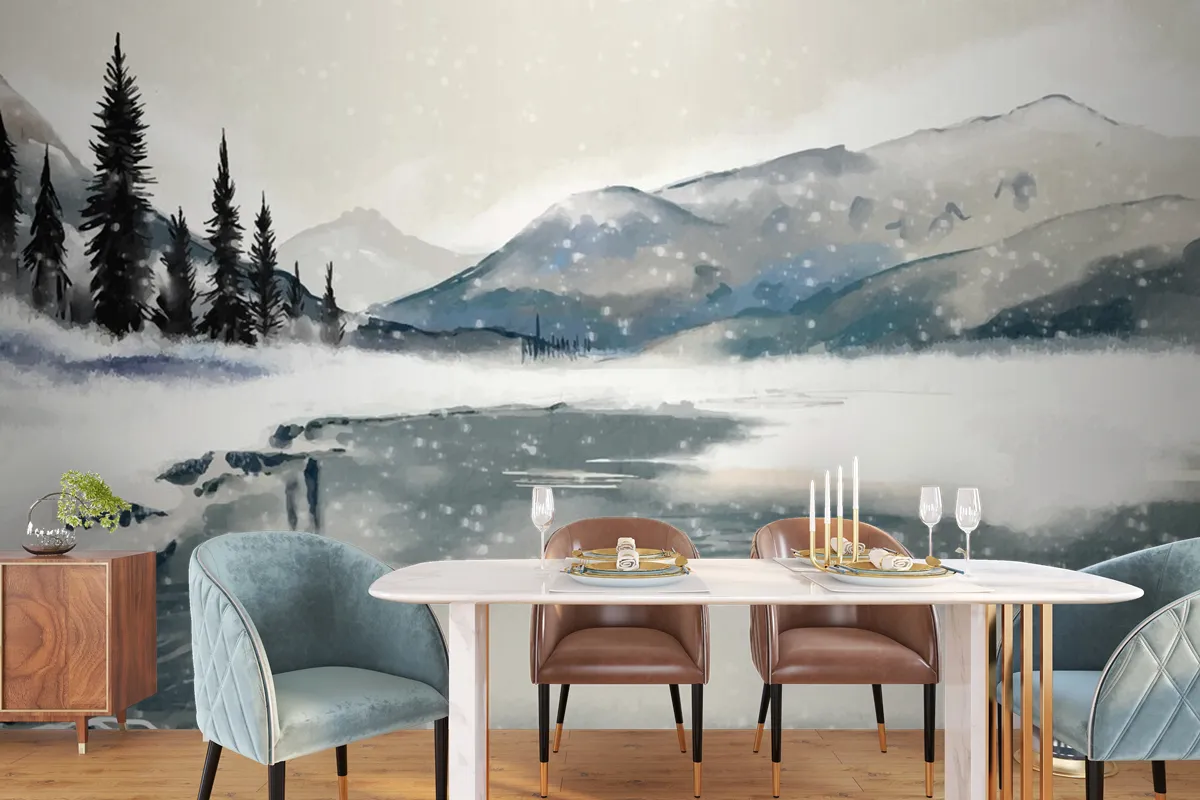 Fototapete Winterlandschaft Im AquarellStil Fürs Esszimmer