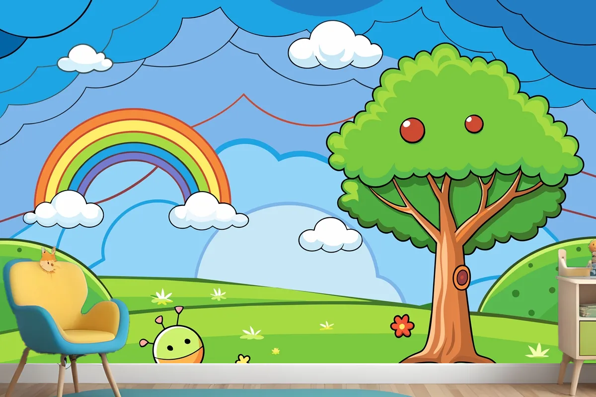 Eine Farbenfrohe Illustration Eines Regenbogens Mit Einem Baum Und Einem Regenbogen Im FototapetenWandbild