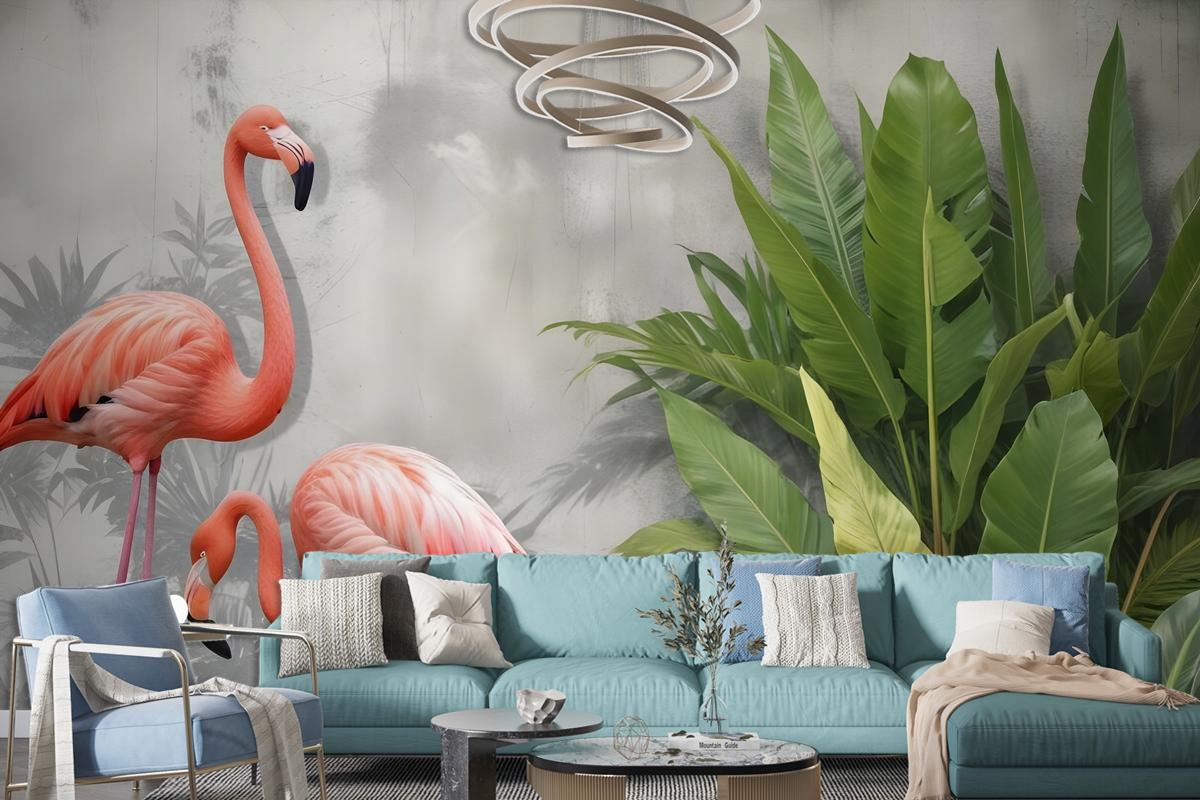 Fototapete Rosa Flamingo Mit Tropischen Blättern Im 3DLook