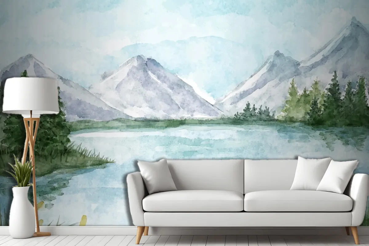 Fototapete Seelandschaft In Aquarell Für Wohnzimmer