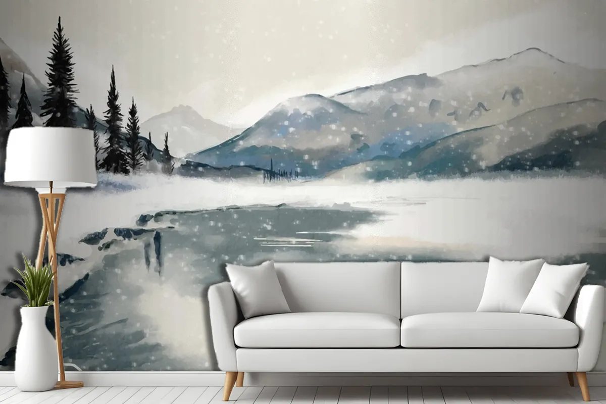 Fototapete Winterlandschaft Aquarell Fürs Wohnzimmer