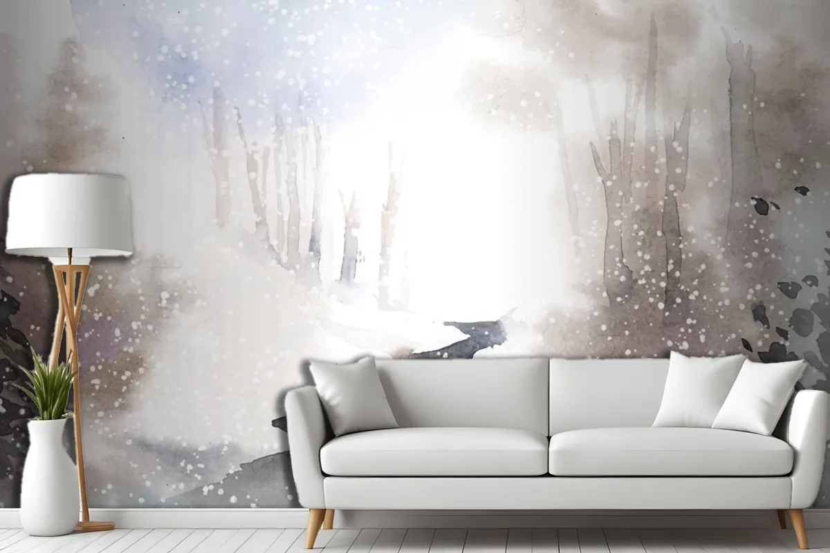 Fototapete Winterwunderlandlandschaft Gemalt Mit Wasserfarben Für Das Wohnzimmer