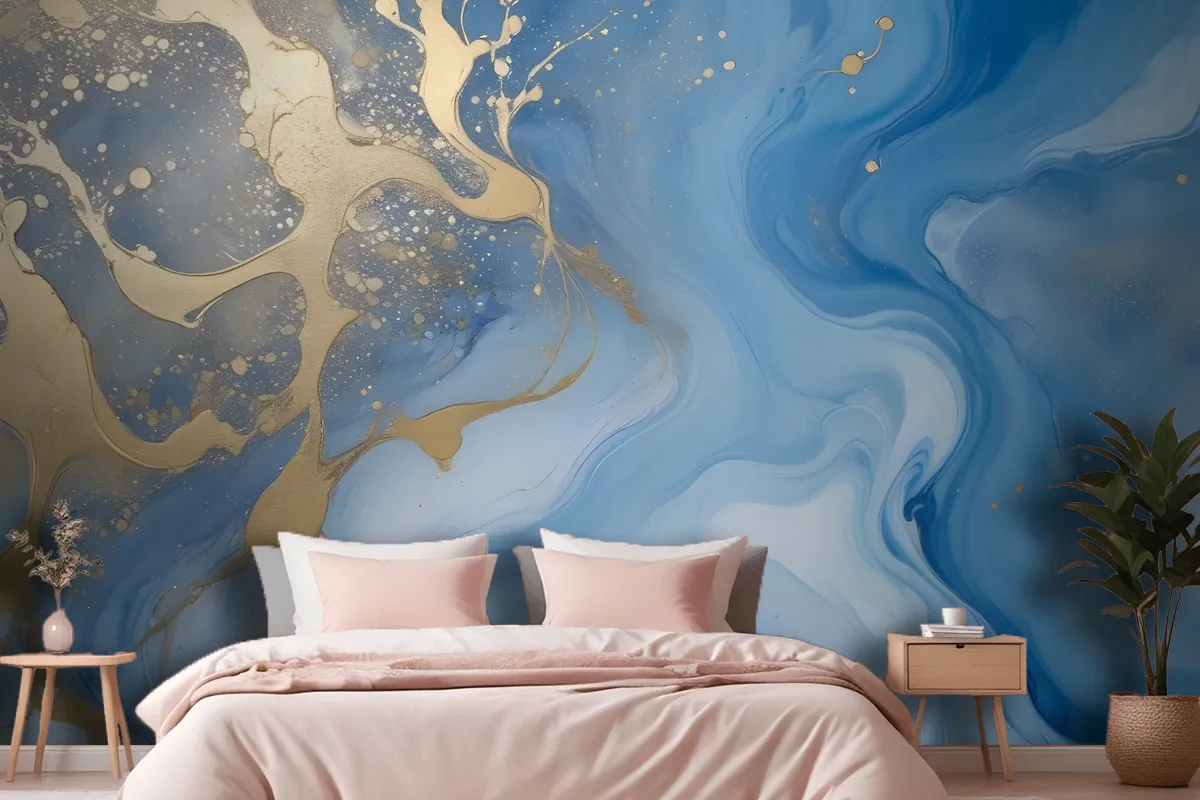 Fototapete Abstrakte Fluid Art Malerei Blau Und Gold Fürs Schlafzimmer