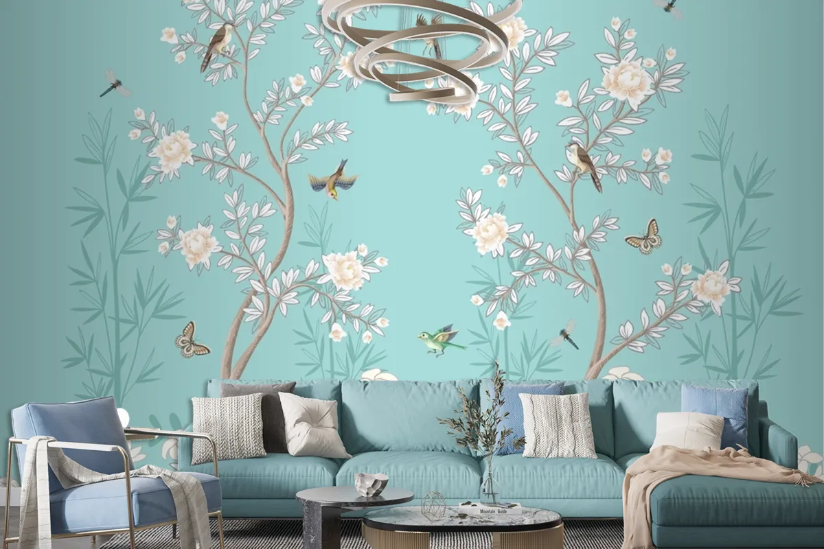 Chinoiserie Wandbild Mit Pfingstrosen Und Vögeln Türkis Fototapete