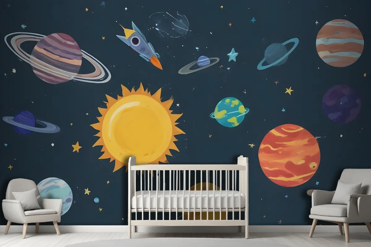 Fototapete Weltraum Und Sonnensystem In Aquarell Für Kinder Jungen