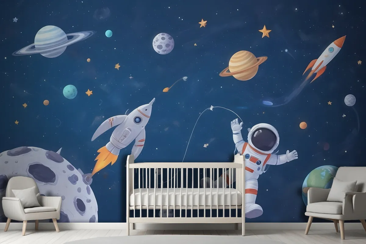 Fototapete Weltraum Mit Raumschiff Und Astronauten In Aquarell Für Kinder