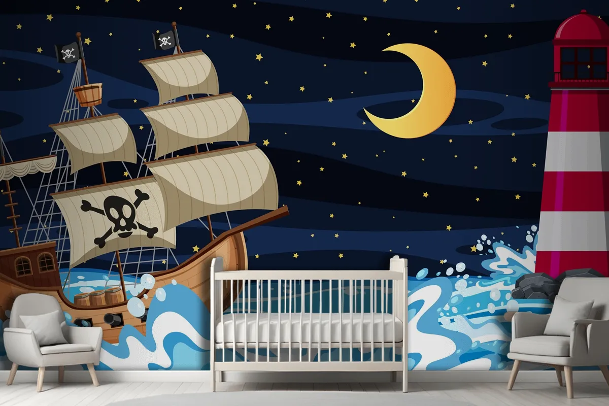 Fototapete Meeresszene Bei Nacht Mit Piratenschiff Im CartoonStil