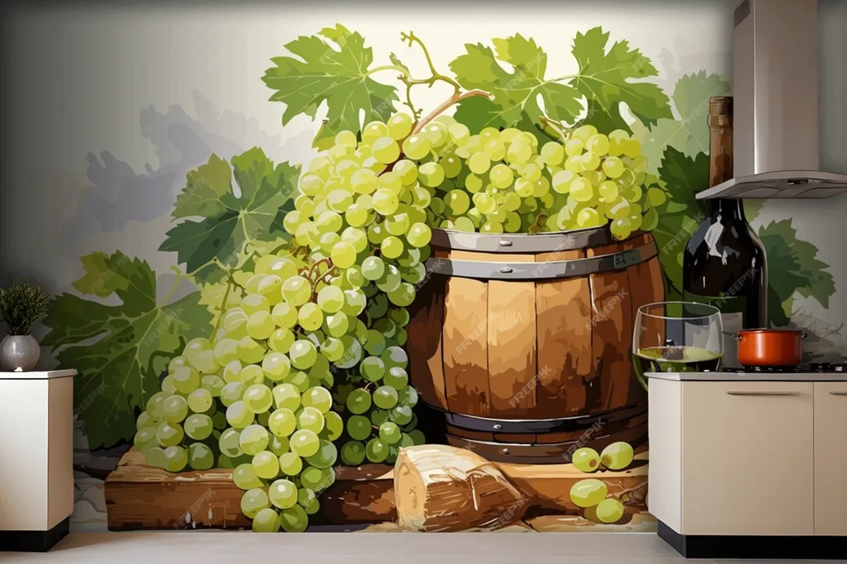 Fototapete Stillleben Mit Einer Flasche Weißwein Einem Glas Wein Und Trauben Auf Einem Tisch In Den Weinbergen