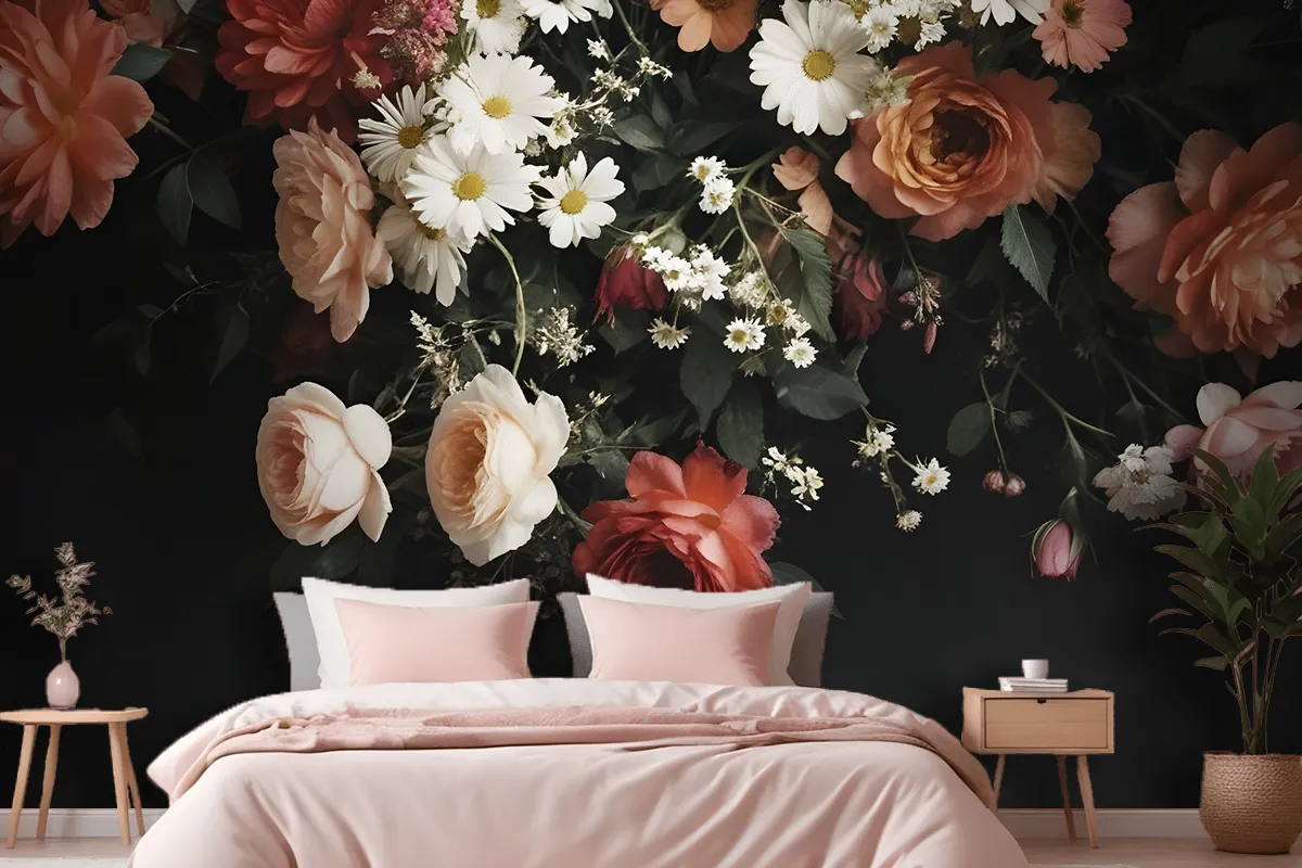 Fototapete Ein Strauß Lebendiger Blumen Fürs Schlafzimmer Im VintageStil