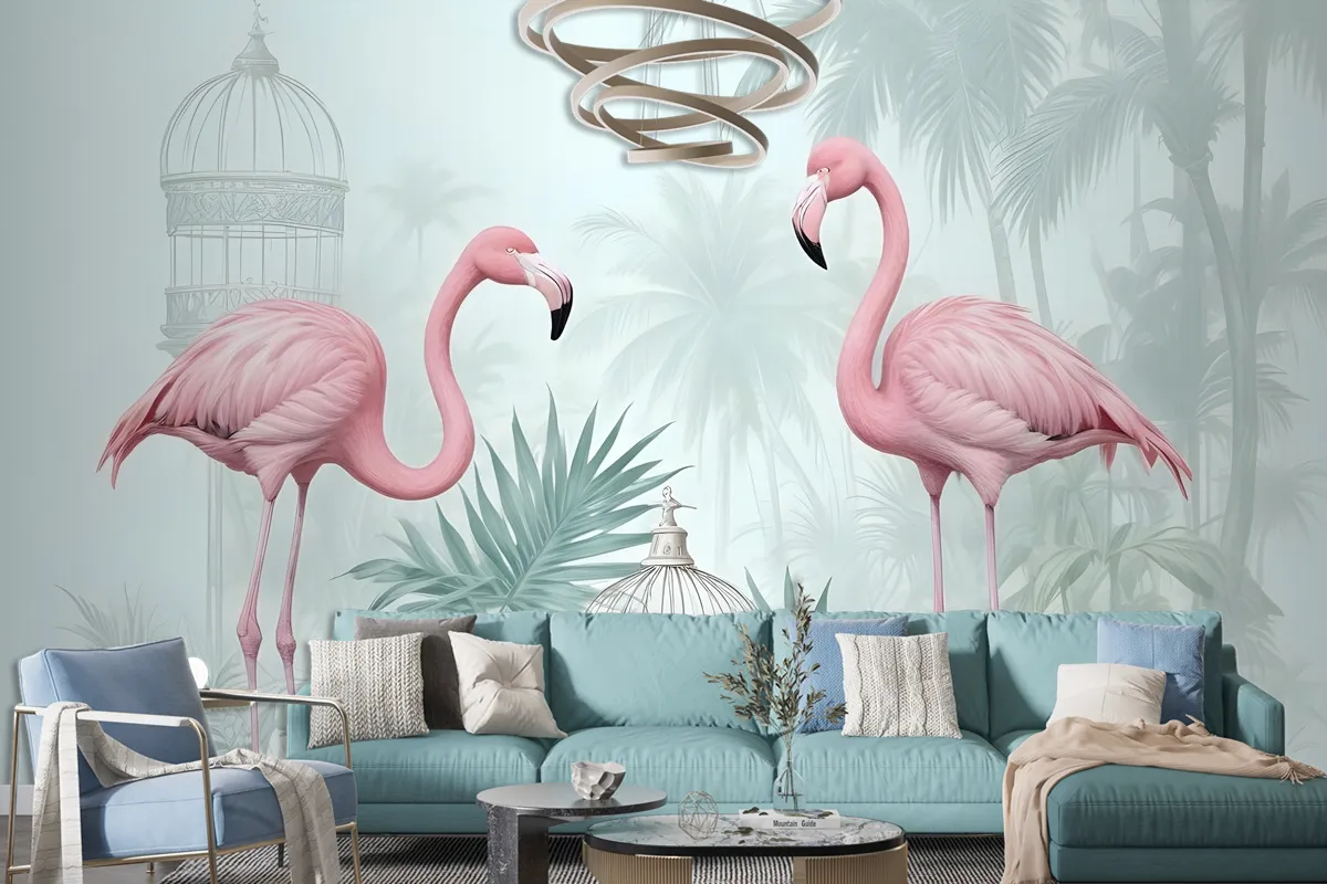 Fototapete VintageFlamingo In Rosa Mit Tropischen Blättern