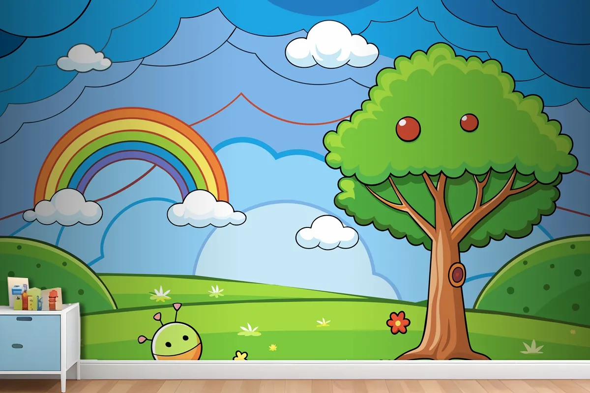 Eine Farbenfrohe Illustration Eines Regenbogens Mit Einem Baum Und Einem Regenbogen Im FototapetenWandbild