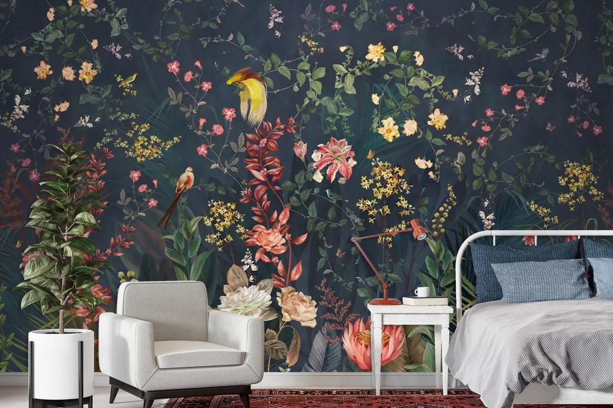 Fototapete Chinoiserie Vintage Floral Mit Exotischen Vögeln Und Blumen