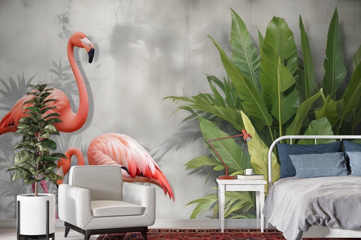 Fototapete Rosa Flamingo Mit Tropischen Blättern Im 3DLook