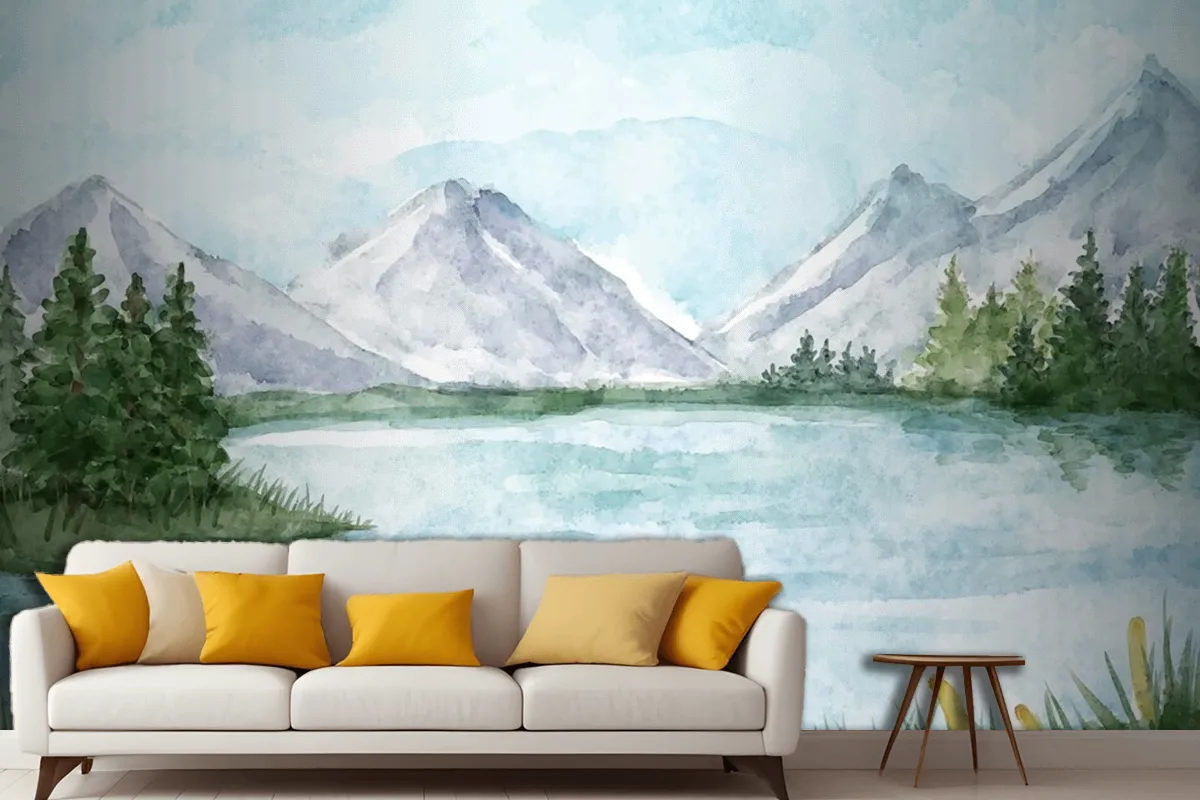 Fototapete Seelandschaft In Aquarell Für Wohnzimmer