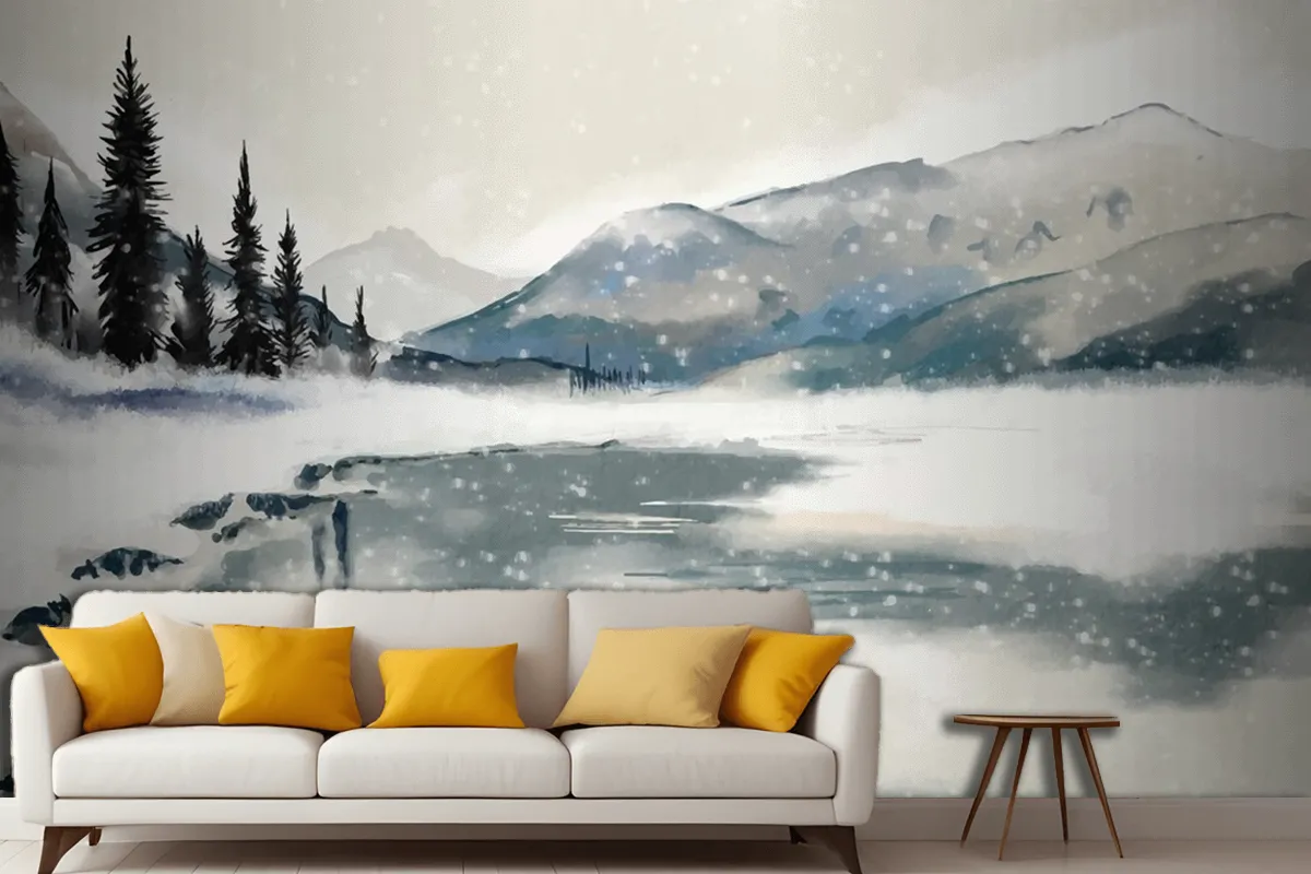 Fototapete Winterlandschaft Aquarell Fürs Wohnzimmer