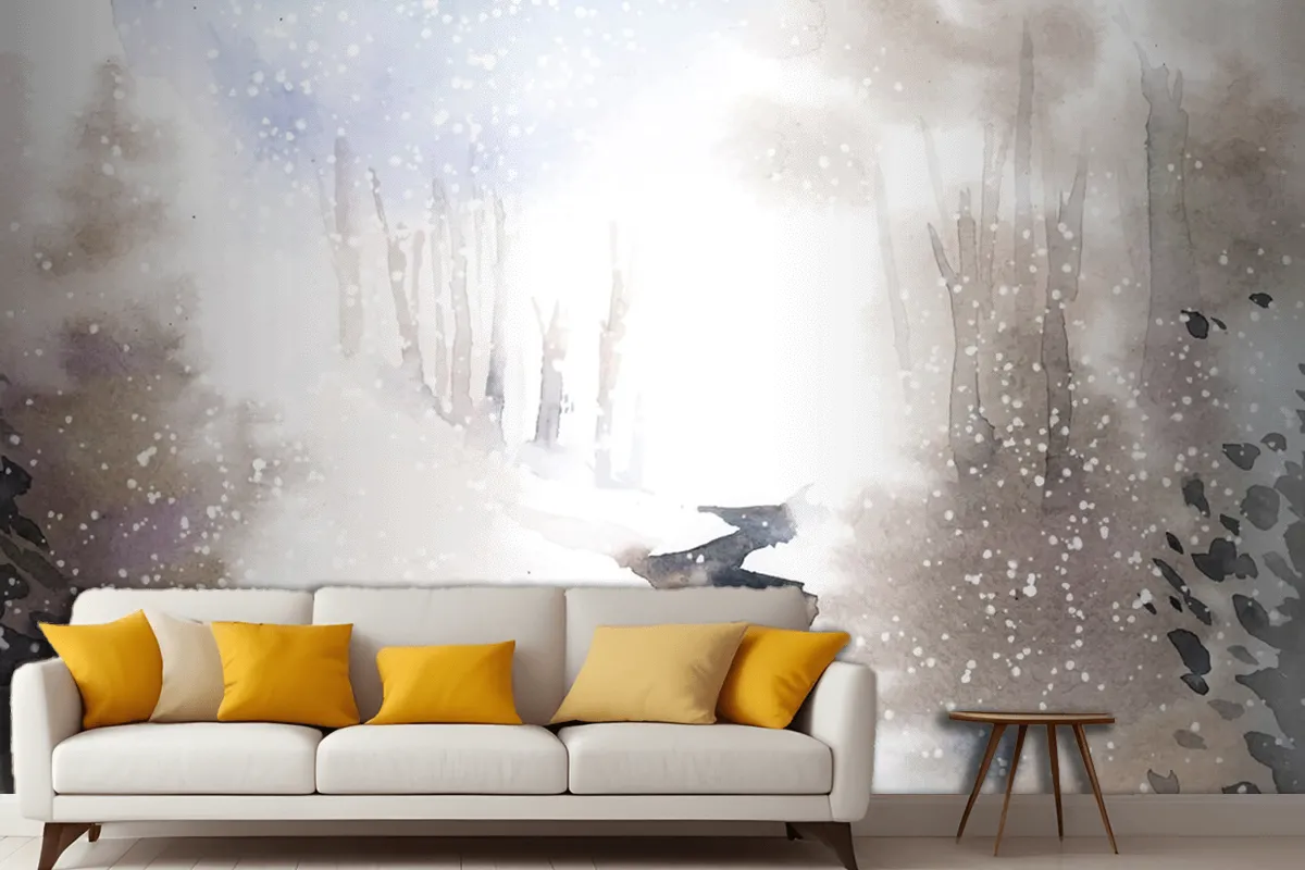 Fototapete Winterwunderlandlandschaft Gemalt Mit Wasserfarben Für Das Wohnzimmer