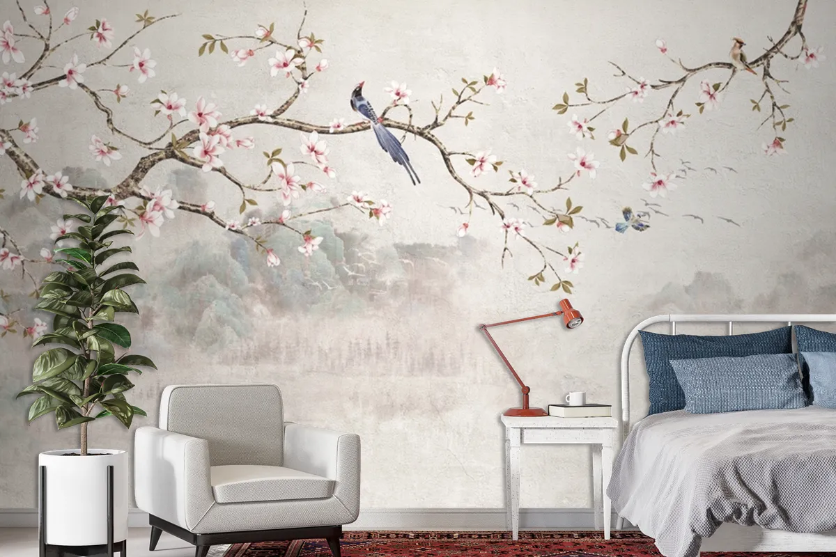 Fototapete Chinoiserie Mit Kirschblüten Und Vögeln