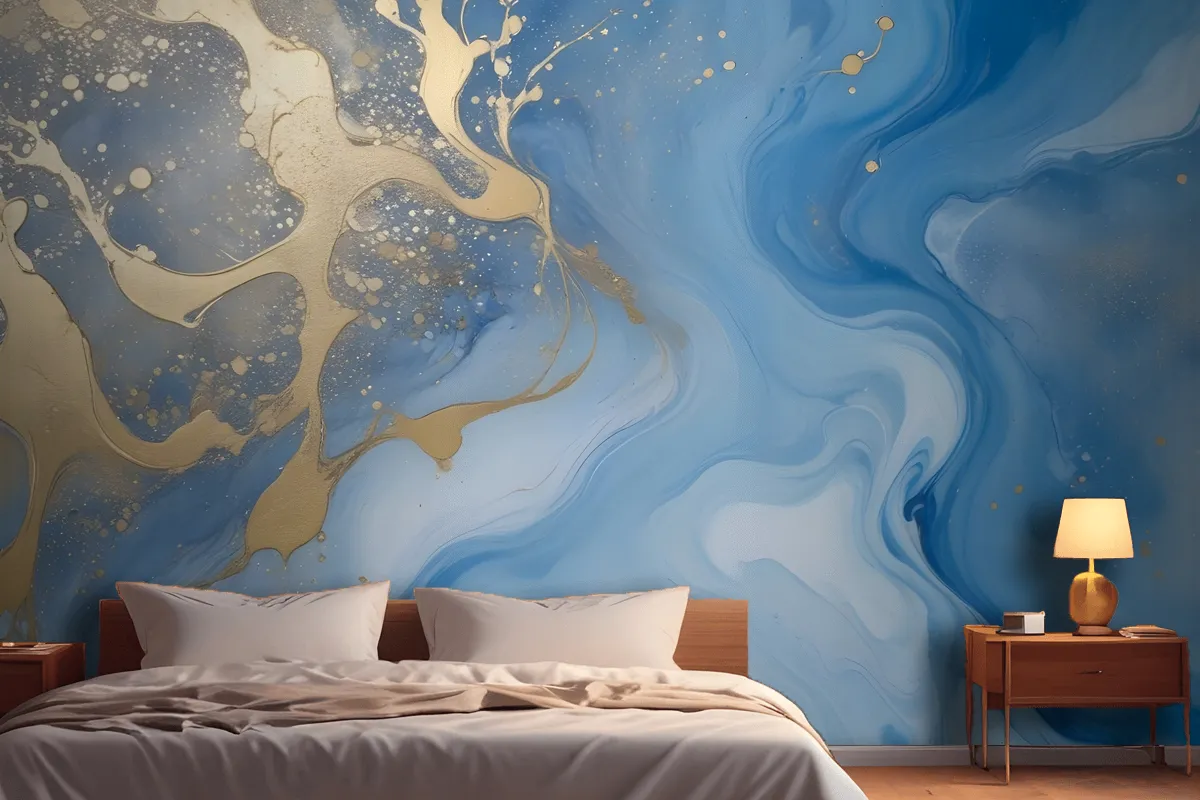 Fototapete Abstrakte Fluid Art Malerei Blau Und Gold Fürs Schlafzimmer