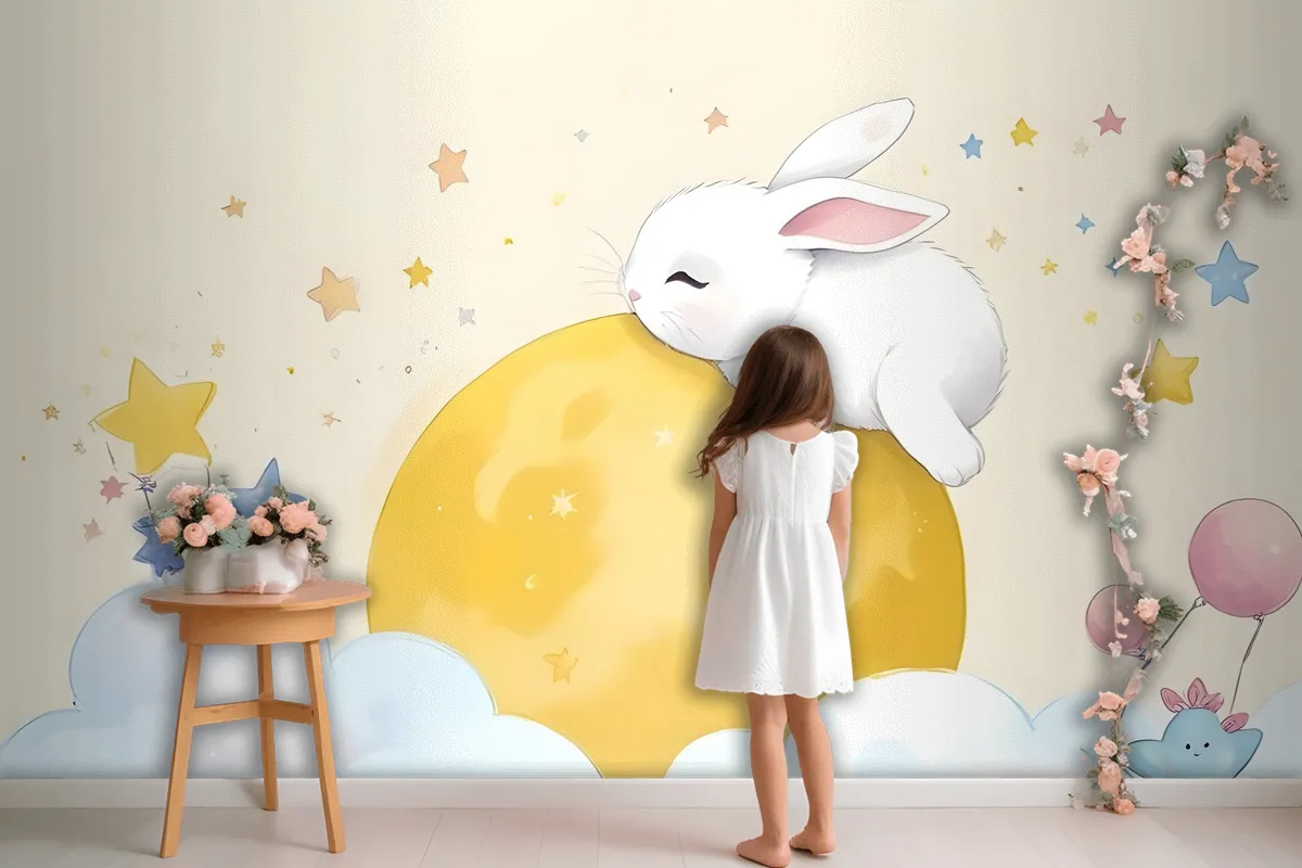 Baby Cartoon Hase und Gelber Mond Tapetenbild