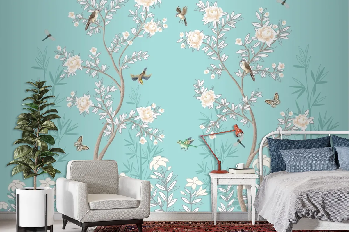 Chinoiserie Wandbild Mit Pfingstrosen Und Vögeln Türkis Fototapete