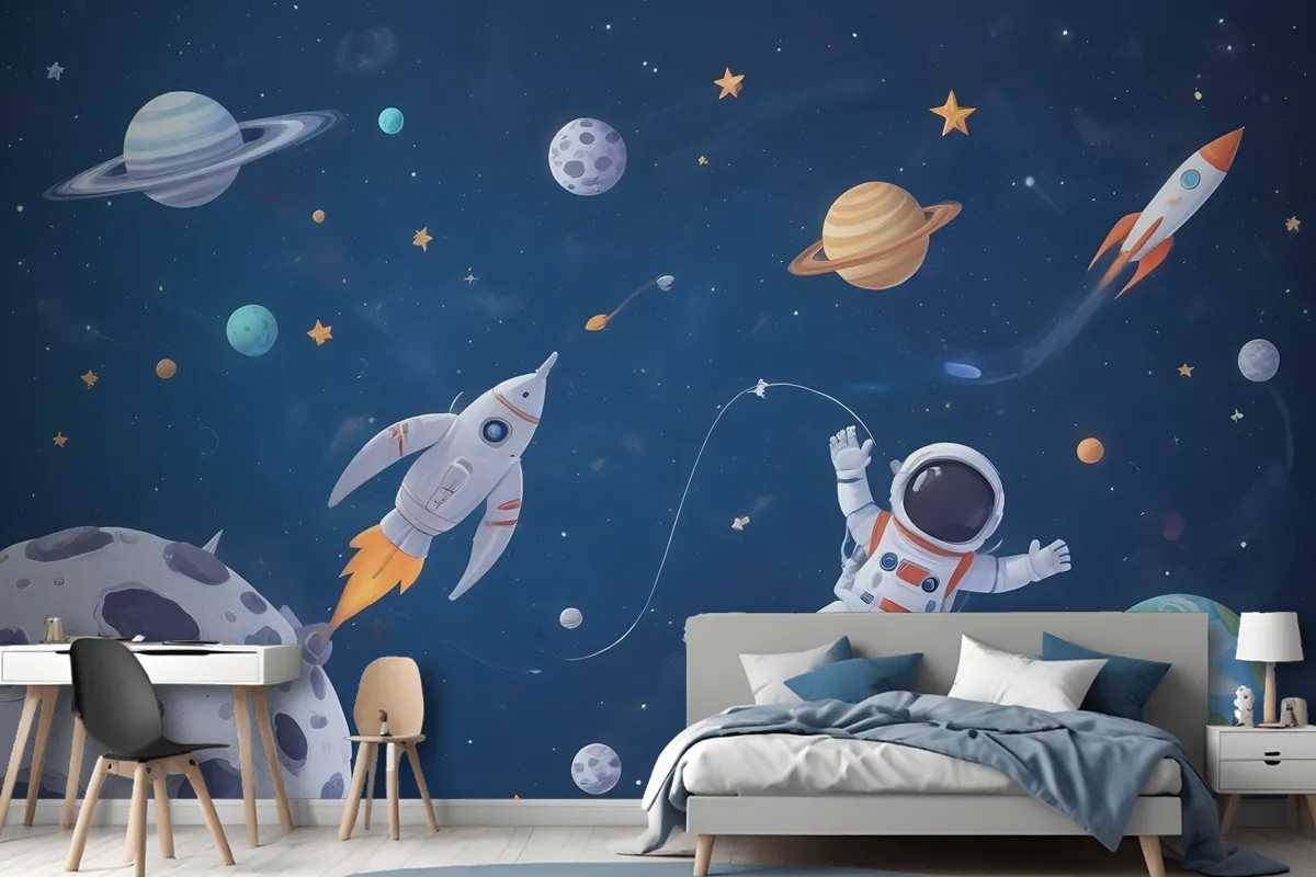 Fototapete Weltraum Mit Raumschiff Und Astronauten In Aquarell Für Kinder