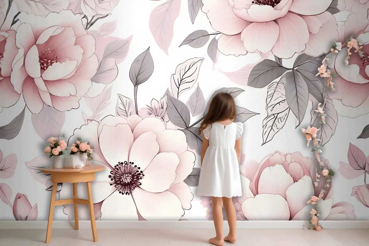 Kinderzimmer Blumen Tapetenbild mit Rosa Rosenmuster