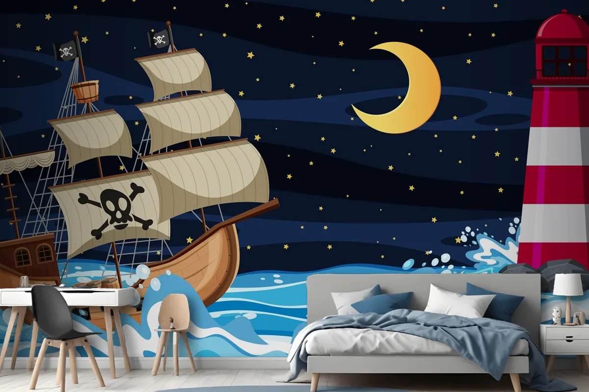 Fototapete Meeresszene Bei Nacht Mit Piratenschiff Im CartoonStil