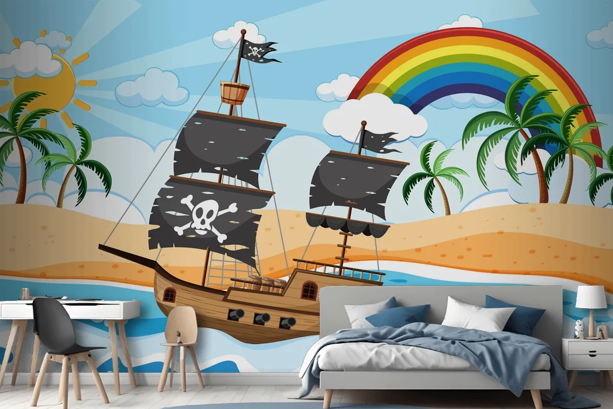 Fototapete Ozean Mit Piratenschiff Bei Tag Szene Im Cartoon Stil