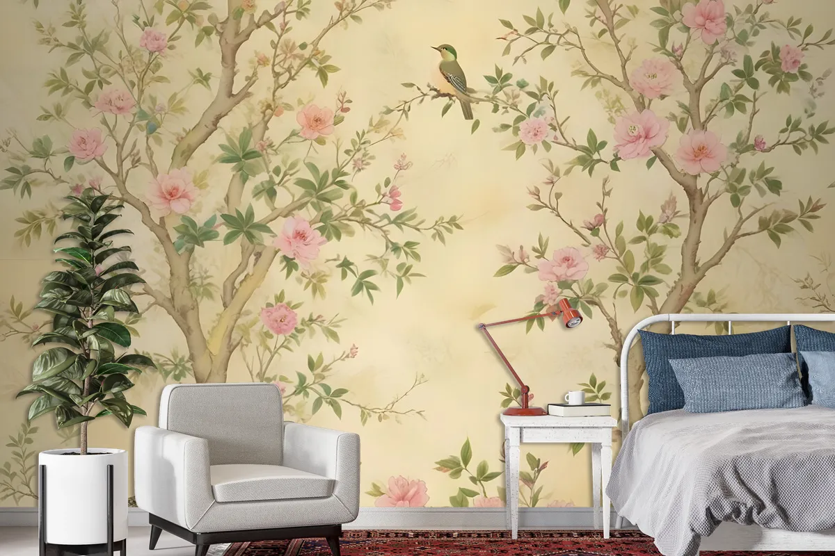 Fototapete Frühlingsblumen Und Vögel Auf Gelbem Hintergrund Mit Floraler Chinoiserie