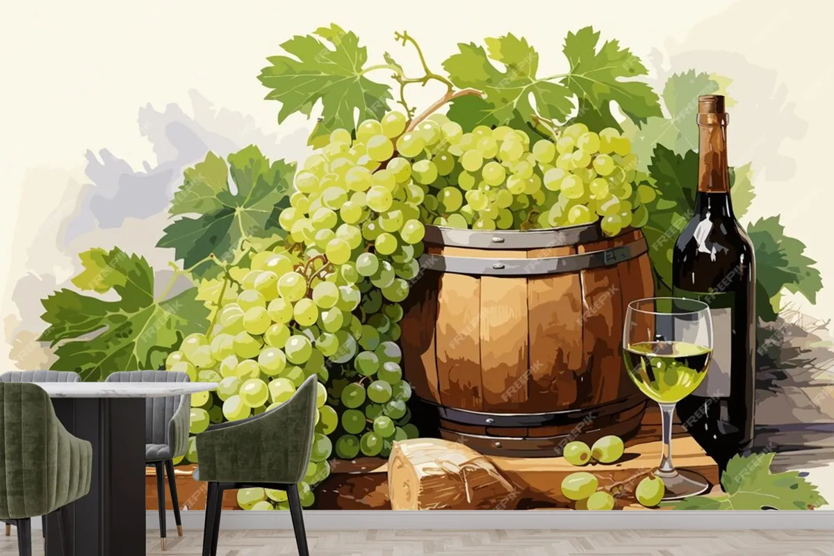 Fototapete Stillleben Mit Einer Flasche Weißwein Einem Glas Wein Und Trauben Auf Einem Tisch In Den Weinbergen