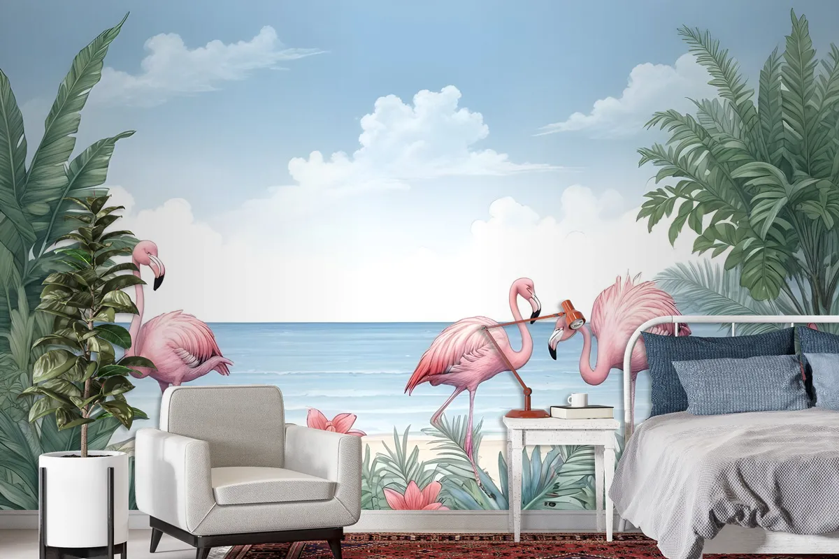 Fototapete Tropische Landschaft Mit Flamingos