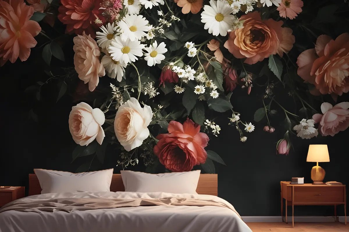 Fototapete Ein Strauß Lebendiger Blumen Fürs Schlafzimmer Im VintageStil