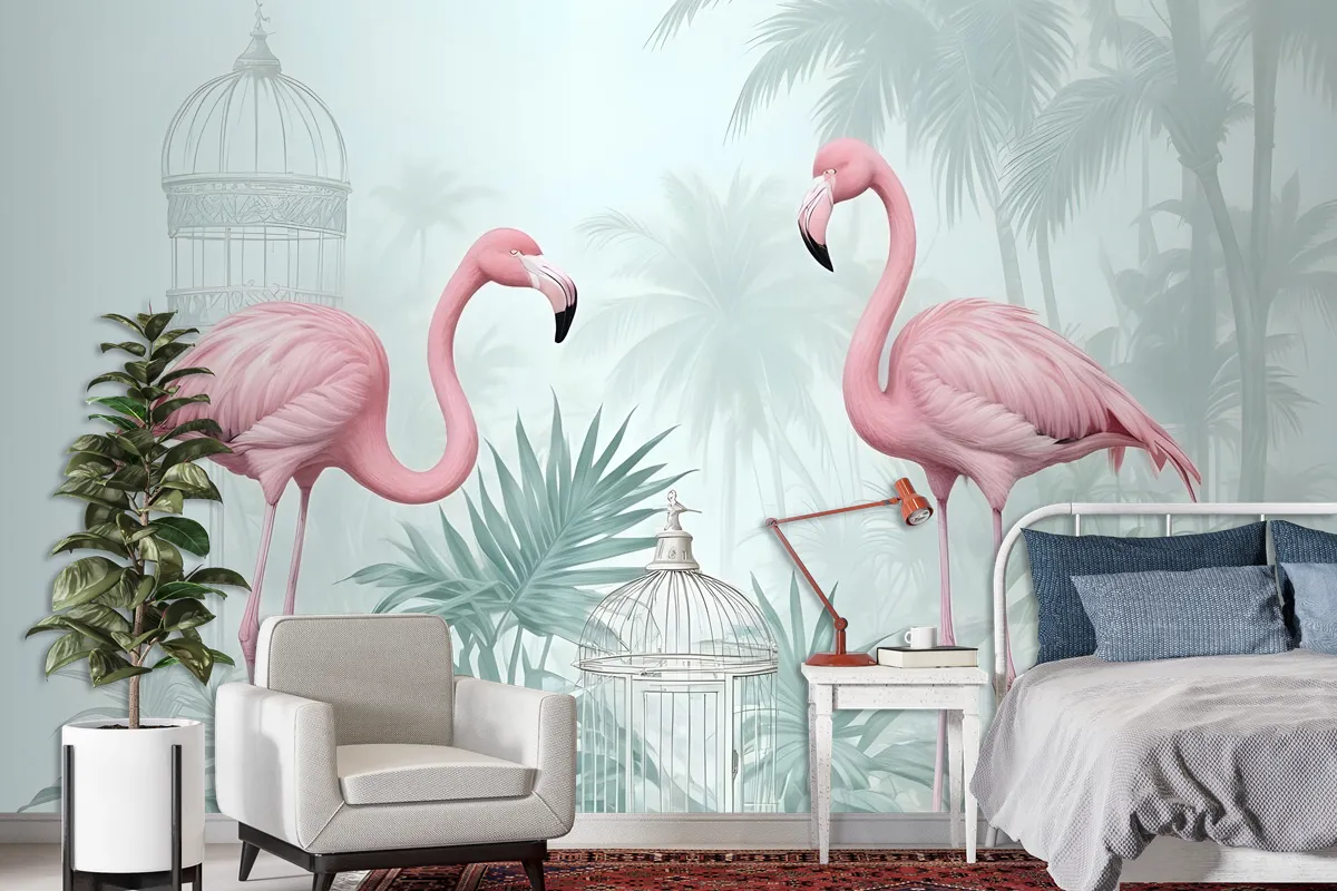 Fototapete VintageFlamingo In Rosa Mit Tropischen Blättern