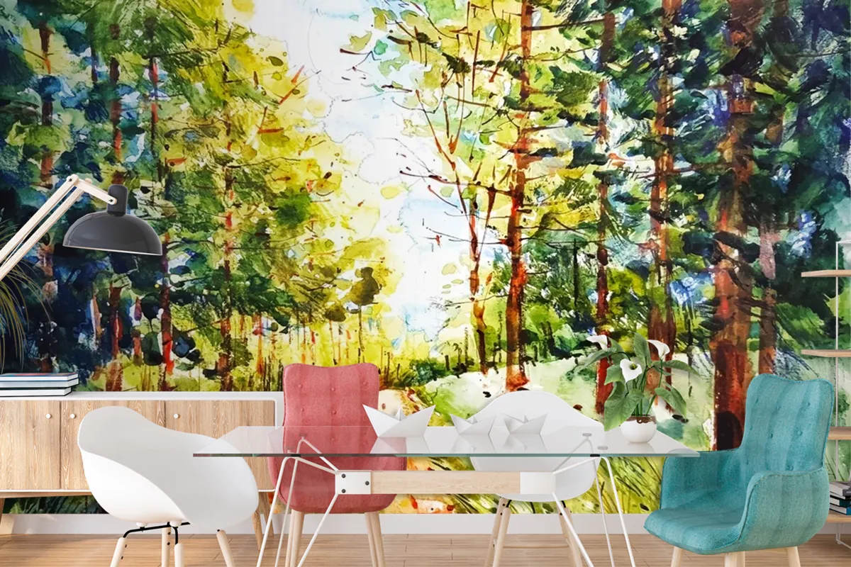 Fototapete Waldlandschaft In Aquarell