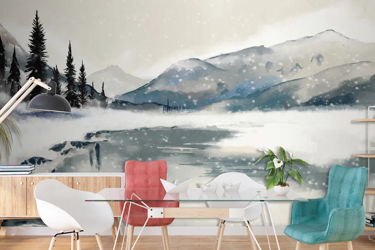 Fototapete Winterlandschaft Im AquarellStil Fürs Esszimmer