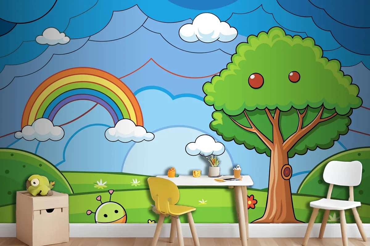 Eine Farbenfrohe Illustration Eines Regenbogens Mit Einem Baum Und Einem Regenbogen Im FototapetenWandbild