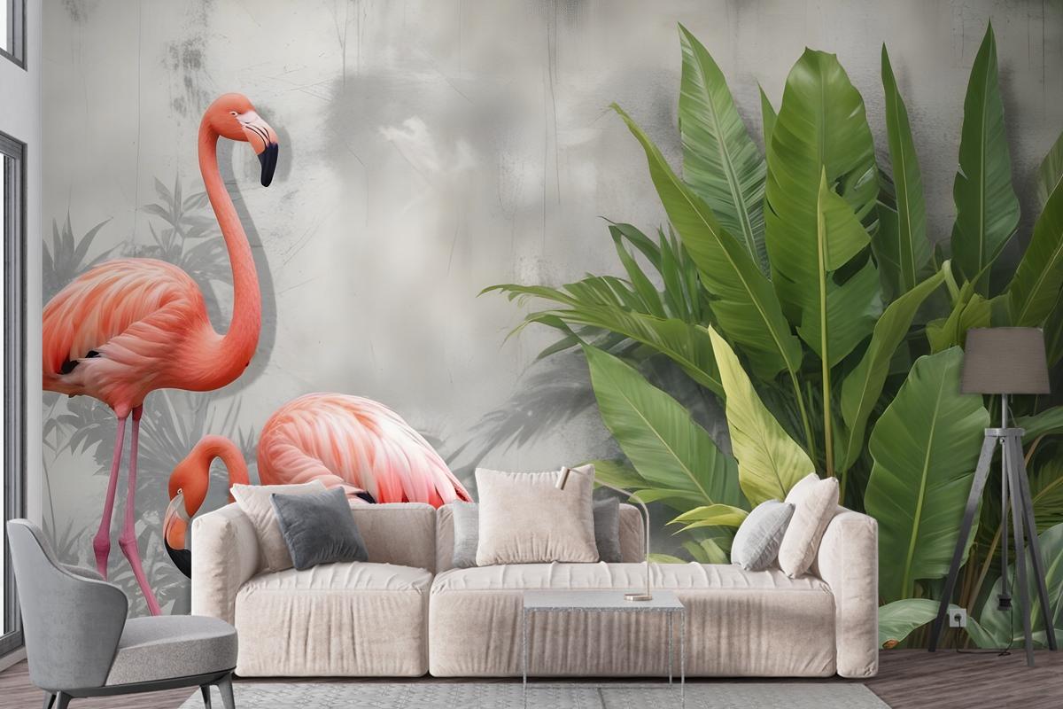 Fototapete Rosa Flamingo Mit Tropischen Blättern Im 3DLook