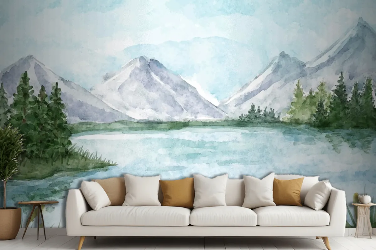 Fototapete Seelandschaft In Aquarell Für Wohnzimmer