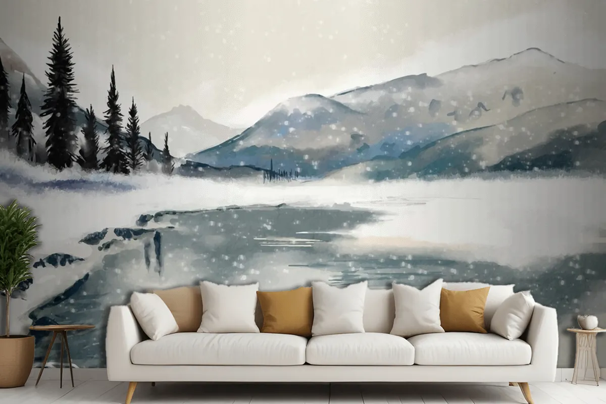 Fototapete Winterlandschaft Aquarell Fürs Wohnzimmer