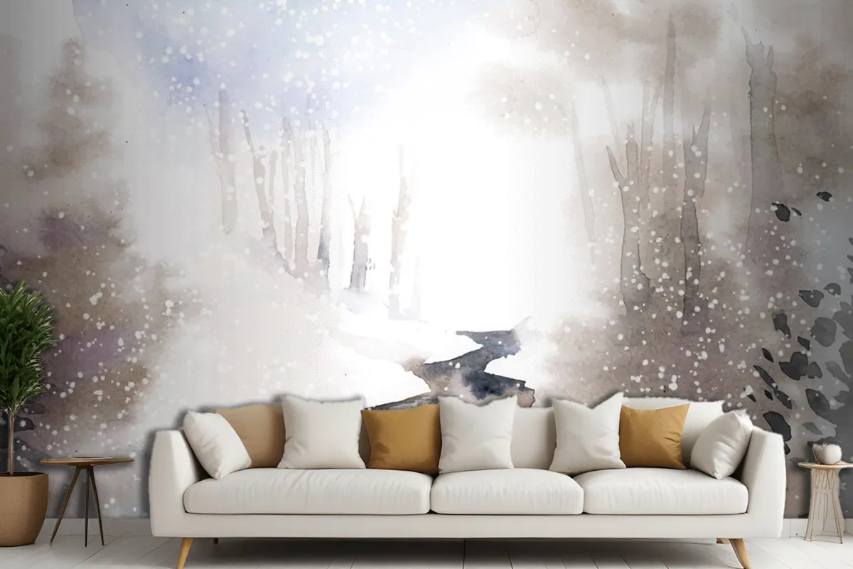 Fototapete Winterwunderlandlandschaft Gemalt Mit Wasserfarben Für Das Wohnzimmer