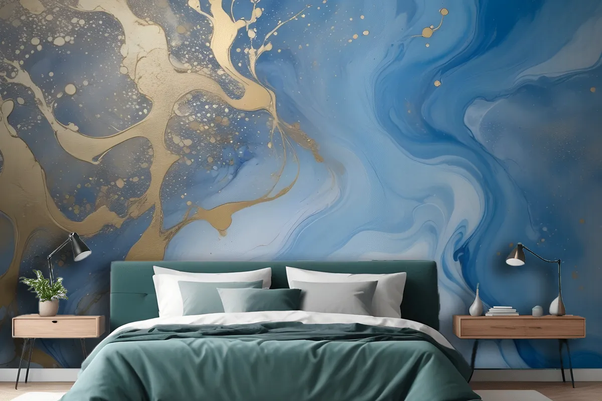 Fototapete Abstrakte Fluid Art Malerei Blau Und Gold Fürs Schlafzimmer