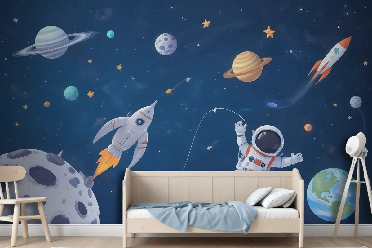 Fototapete Weltraum Mit Raumschiff Und Astronauten In Aquarell Für Kinder