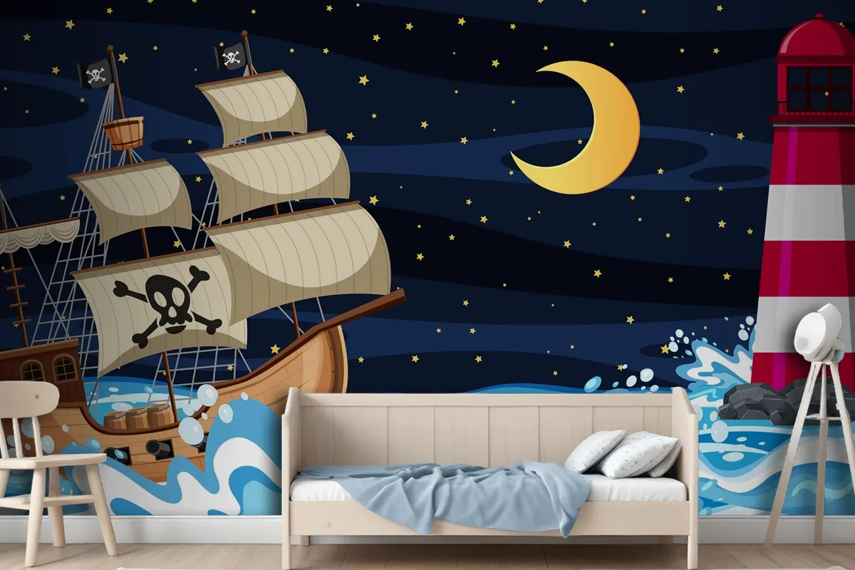 Fototapete Meeresszene Bei Nacht Mit Piratenschiff Im CartoonStil