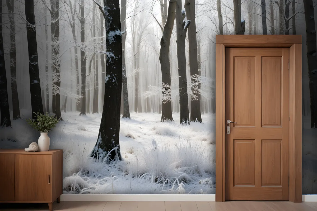 Fototapete Verschneiter Wald Mit Hohen Kahlen Bäumen Und Einer Frostschicht Auf Dem Boden