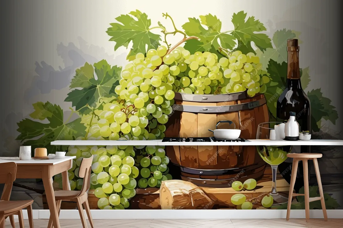 Fototapete Stillleben Mit Einer Flasche Weißwein Einem Glas Wein Und Trauben Auf Einem Tisch In Den Weinbergen