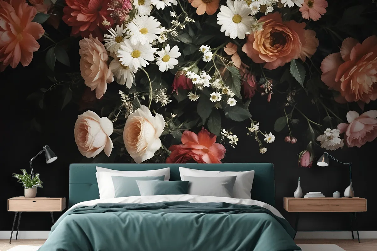 Fototapete Ein Strauß Lebendiger Blumen Fürs Schlafzimmer Im VintageStil