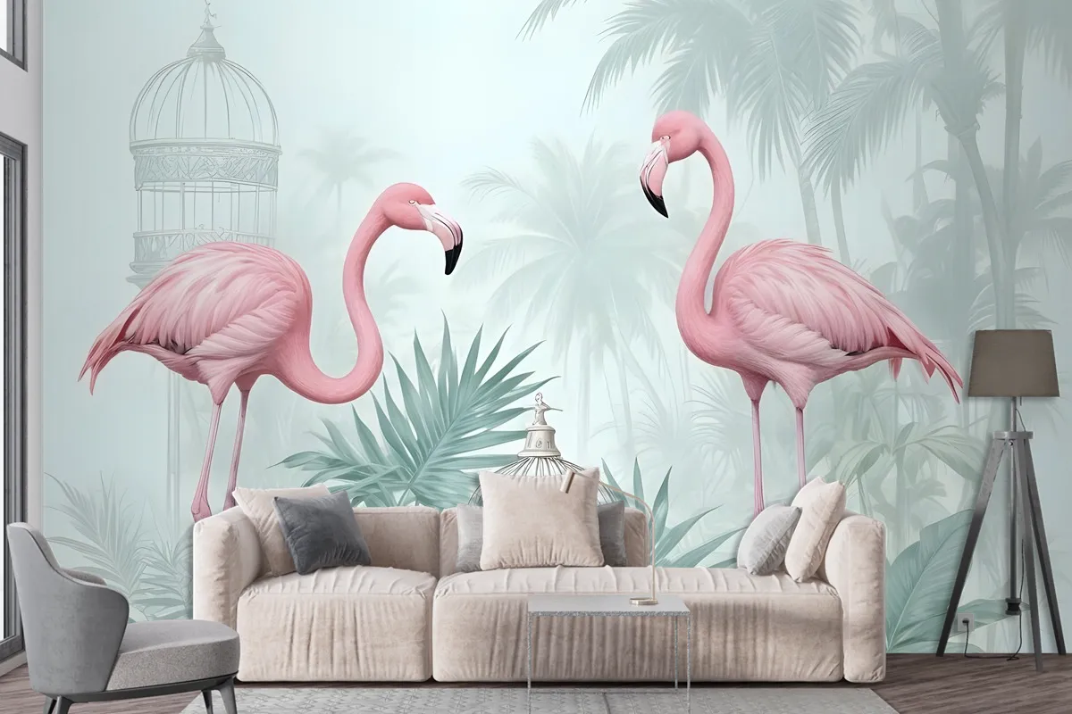 Fototapete VintageFlamingo In Rosa Mit Tropischen Blättern