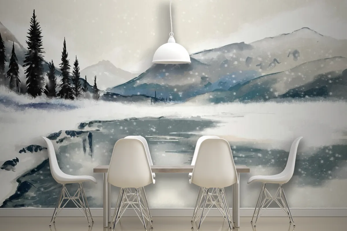 Fototapete Winterlandschaft Im AquarellStil Fürs Esszimmer